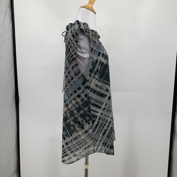 Cabi Top Womens M Medium Plaid Floral Graphic Trellis Ruffled Collar Keyhole Tie - Picture 5 of 13